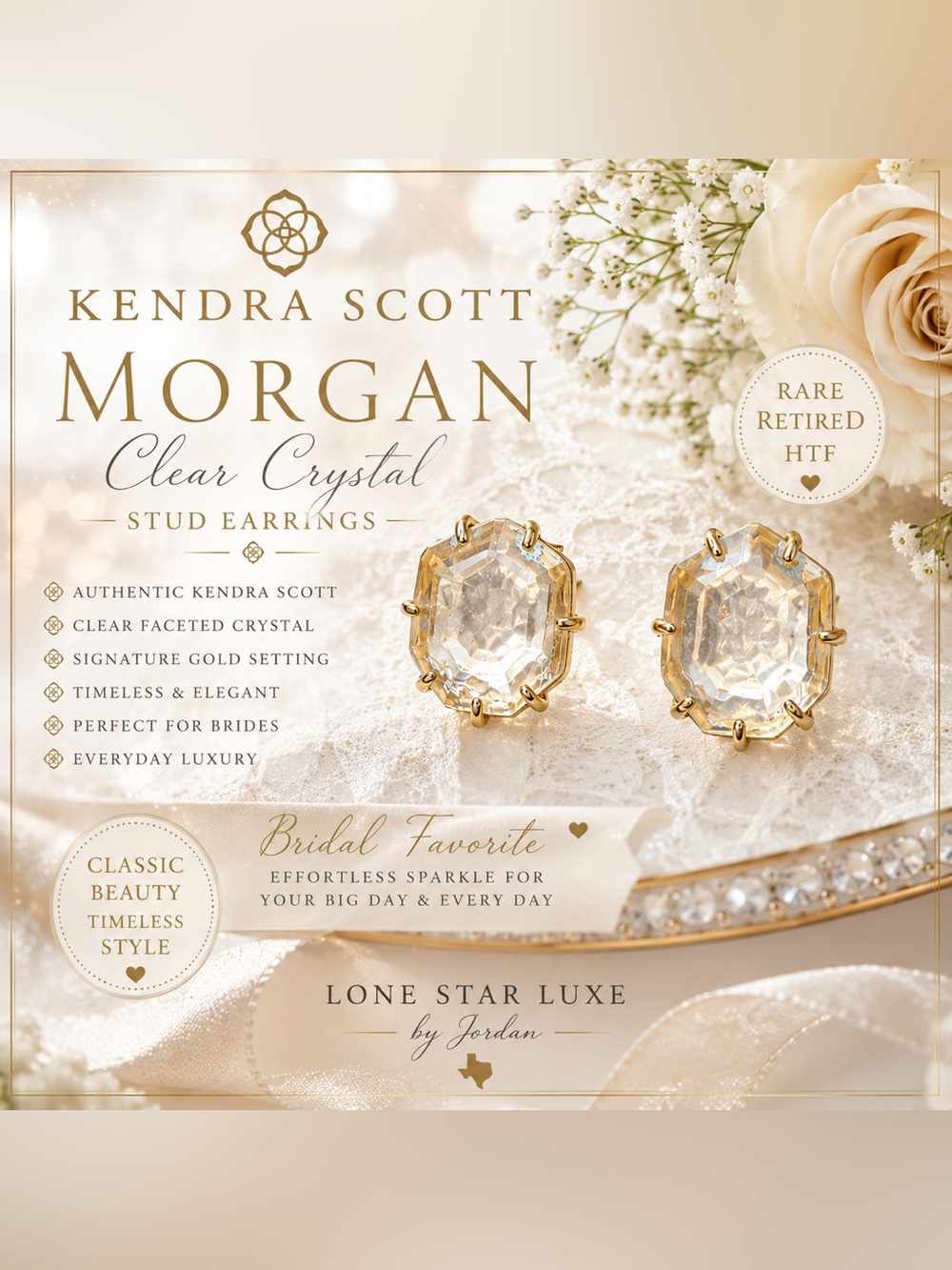 RARE Retired Kendra Scott Morgan Stud Earrings | Crystal | Gold Tone| Bridal